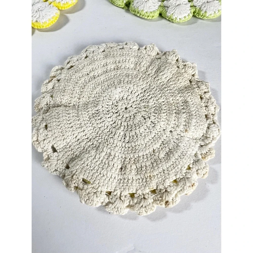 Handmade crochet pot holders trivet doilies Vintage yellow green